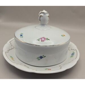 30's Butter/Cheese Dish with Lid, Plate Attached, Hand Painted Floral/Gold (#19)